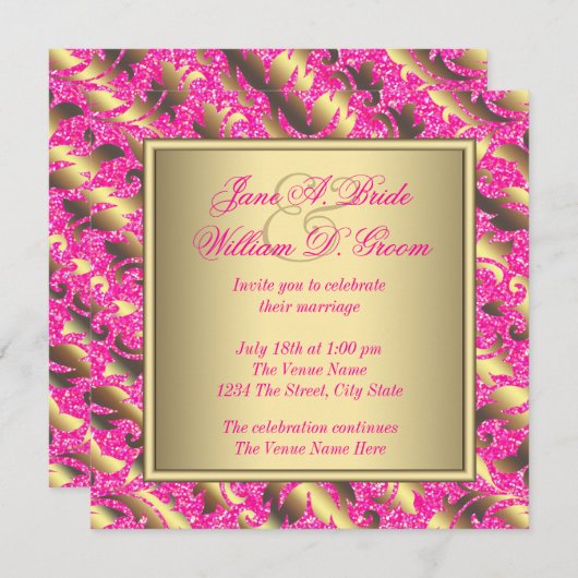 Invitation Élégant Mariage rose chaud et or (Devant / Derrière)