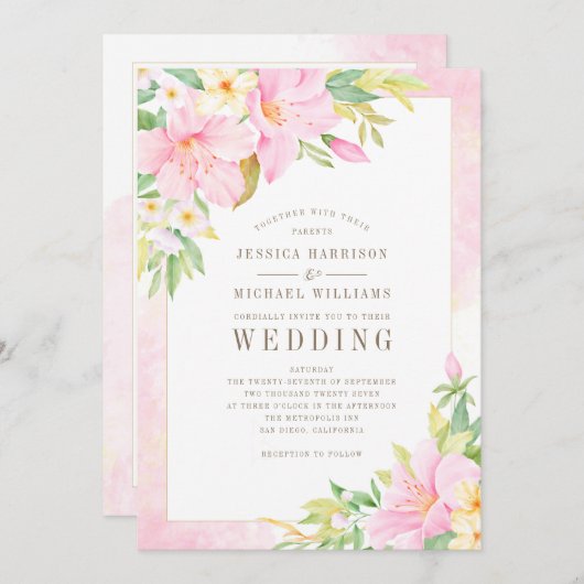 Invitation Élégant Mariage rose d'aquarelle Floral Monogram (Devant / Derrière)