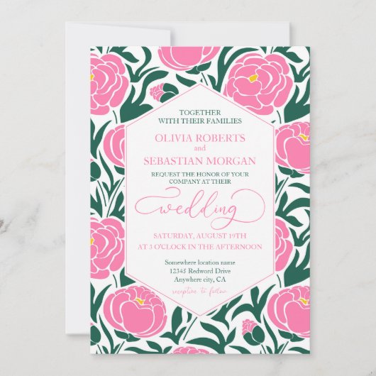 Invitation Élégant Mariage rose de pivoine (Devant)