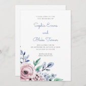 Invitation Elégant Mariage rose et bleu floral blanc (Devant / Derrière)