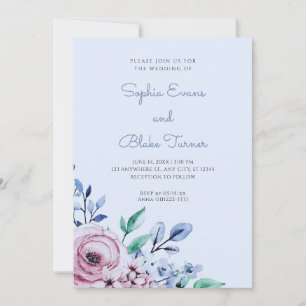 Invitation Elégant Mariage rose et bleu floral Dusty