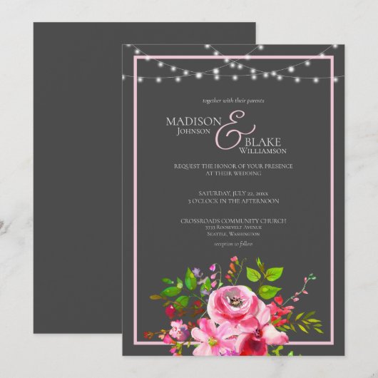 Invitation Élégant Mariage rose et gris charbon de bois (Devant / Derrière)