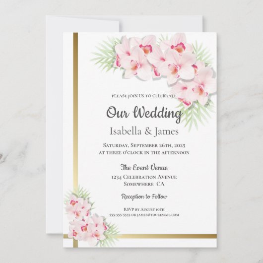 Invitation Élégant Mariage rose et or (Devant)