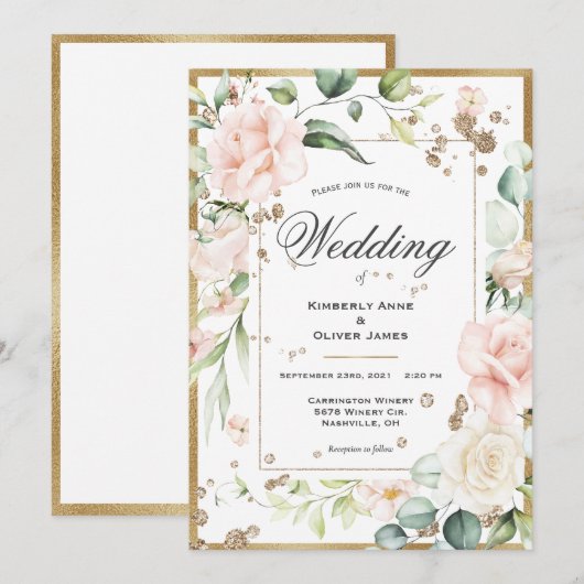 Invitation Elégant Mariage rose Eucalyptus Floral (Devant / Derrière)