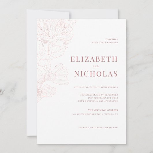 Invitation Élégant Mariage rose Fleur (Devant)