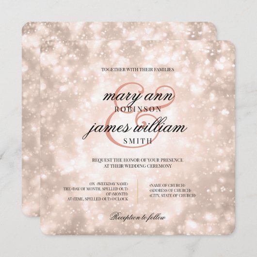Invitation Elégant mariage Rose Gold Champagne Bokeh (Devant / Derrière)
