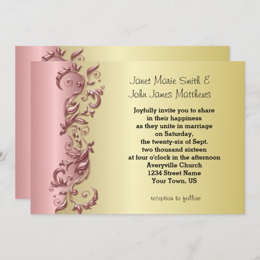 Invitation Élégant Mariage rose mauve et or (Devant / Derrière)