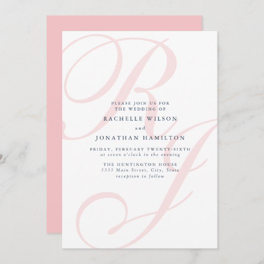 Invitation Élégant Mariage rose Monogramme minimal (Devant / Derrière)