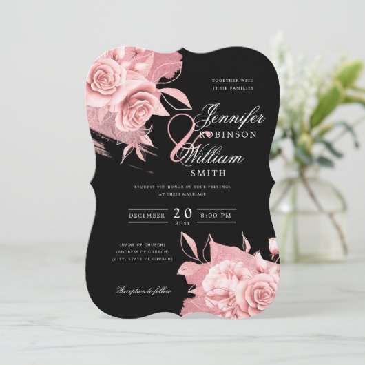 Invitation Elégant mariage Rose Or Floral & Foil Noir (Debout devant)