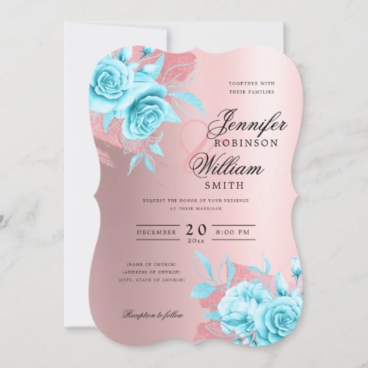 Invitation Elégant mariage Rose Or Floral & Foil Turquoise (Devant)
