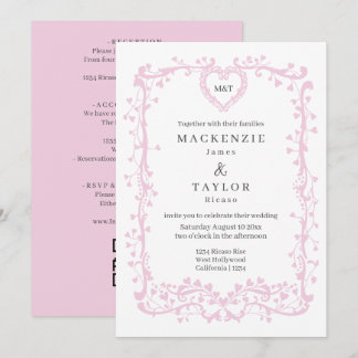 Invitation Élégant Mariage Rose Pâle Cadre Français Coeur