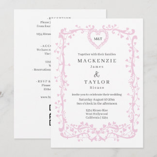 Invitation Élégant Mariage Rose Pâle Cadre Français Coeur
