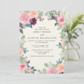 Invitation Elégant Mariage rose pourpre Aquarelle Florale (Debout devant)