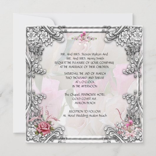 Invitation Elégant Mariage Rose Rose Argent Blanc (Dos)