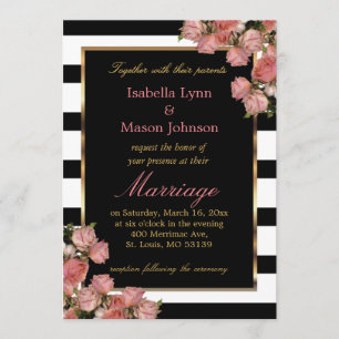 Invitation Élégant Mariage rose Rose noir & blanc rayures