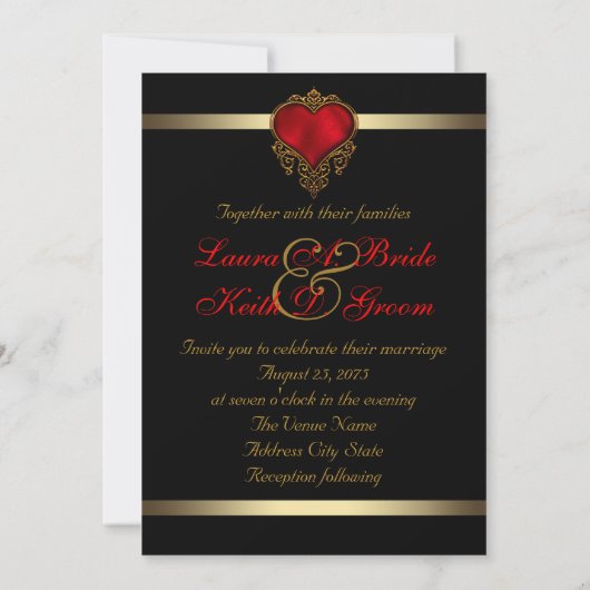 Invitation Élégant Mariage rouge noir et or (Dos)