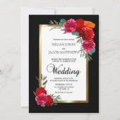 Invitation Élégant Mariage rouge noir or Floral (Devant)
