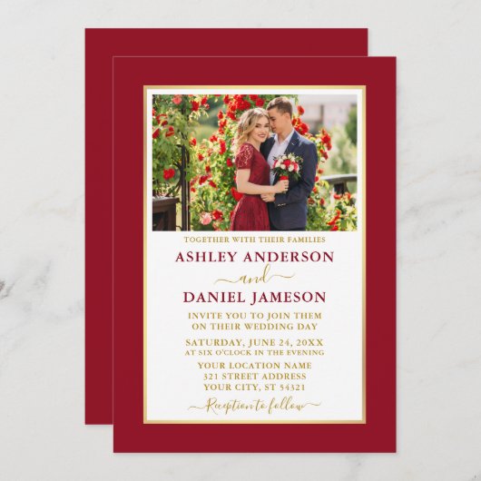 Invitation Élégant Mariage rouge or moderne (Devant / Derrière)