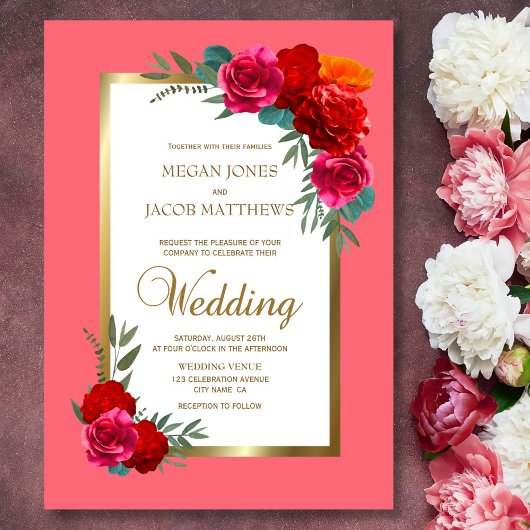 Invitation Élégant Mariage rouge rose or Floral