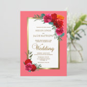 Invitation Élégant Mariage rouge rose or Floral (Debout devant)