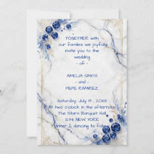 Invitation Elégant Mariage Royal Bleu Marbre Agate Or