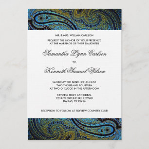 Invitation Élégant mariage royal bleu paon paisley