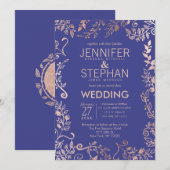 Invitation Élégant Mariage Royal Blue Rose Gold Floral (Devant / Derrière)