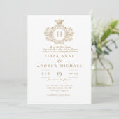 Invitation Élégant Mariage Royal Gold Monogram Crest (Debout devant)