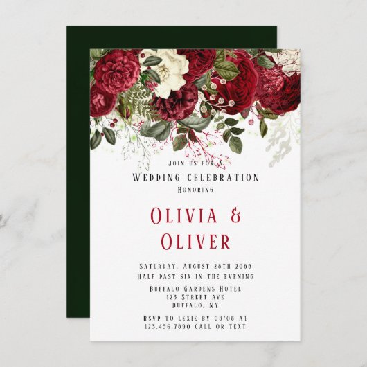 Invitation Élégant Mariage Ruby Red Peonies (Devant / Derrière)