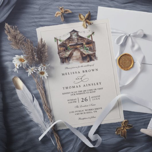 Invitation Élégant Mariage Rustique Aquarelle Code QR Campagn