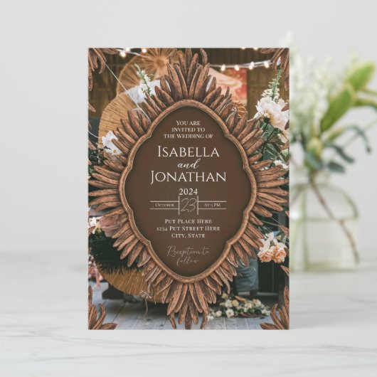 Invitation Élégant Mariage rustique en bois (Debout devant)