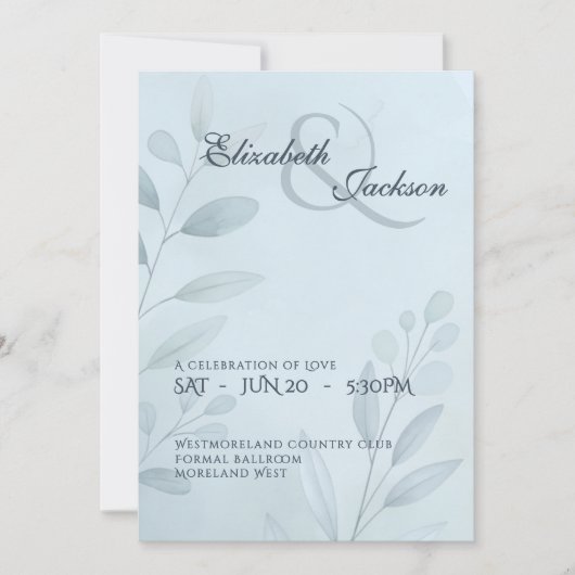 Invitation Élégant Mariage Script Botanique Bleu Clair (Devant)