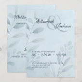 Invitation Élégant Mariage Script Botanique Bleu Clair (Devant / Derrière)