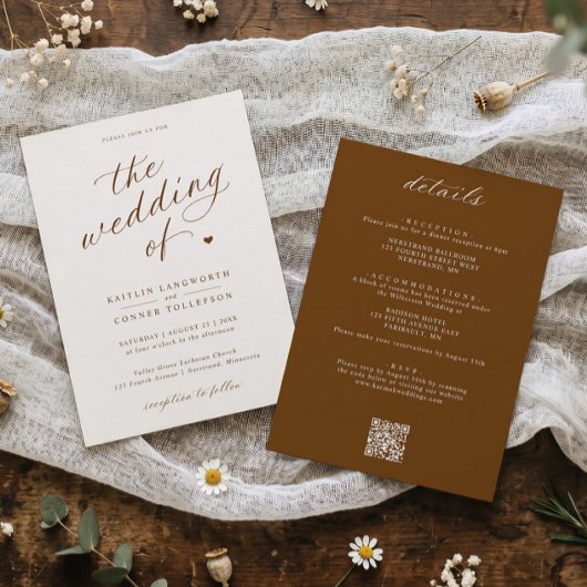 Invitation Élégant Mariage Script Brun & Crème Tout en Un