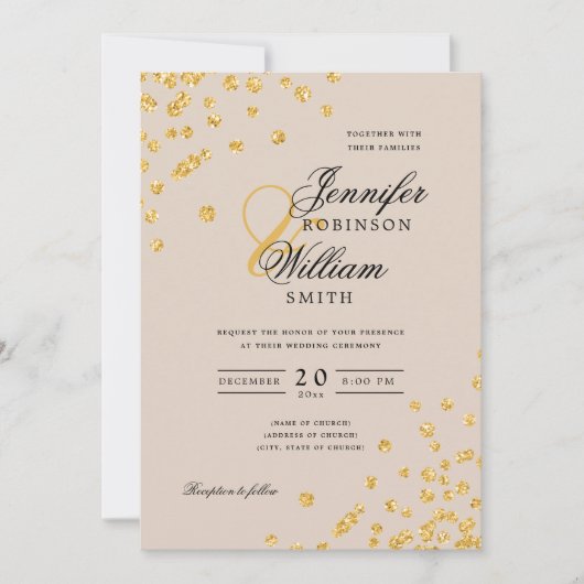 Invitation Élégant Mariage Script Gold Confetti Champagne (Devant)
