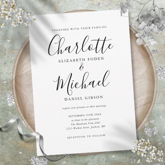 Invitation Élégant Mariage Script Signature Noir et Blanc