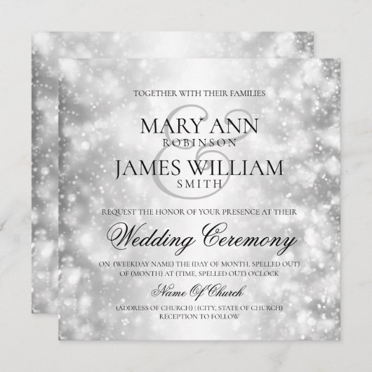 Invitation Elégant Mariage Silver Shimmer Lumières (Devant / Derrière)