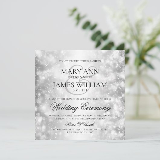 Invitation Elégant Mariage Silver Shimmer Lumières (Debout devant)