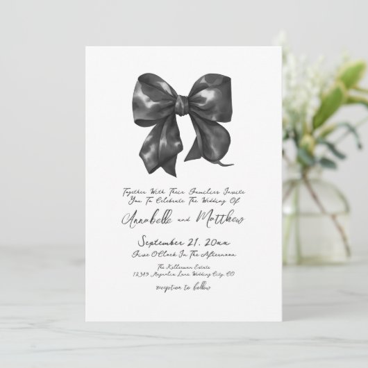 Invitation Élégant Mariage simple manuscrit noir Bow (Debout devant)