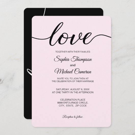 Invitation Élégant Mariage simple rose noir et blanc (Devant / Derrière)
