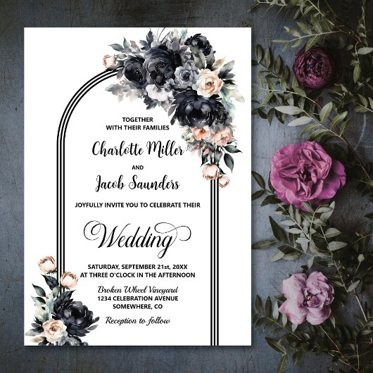 Invitation Élégant Mariage Smokey Black Floral Arch
