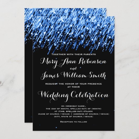 Invitation Elégant Mariage Tombant Étoiles Sapphire Bleu (Devant / Derrière)