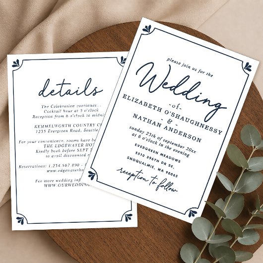 Invitation Élégant Mariage Tout-Compris Simple Blanc & Bleu
