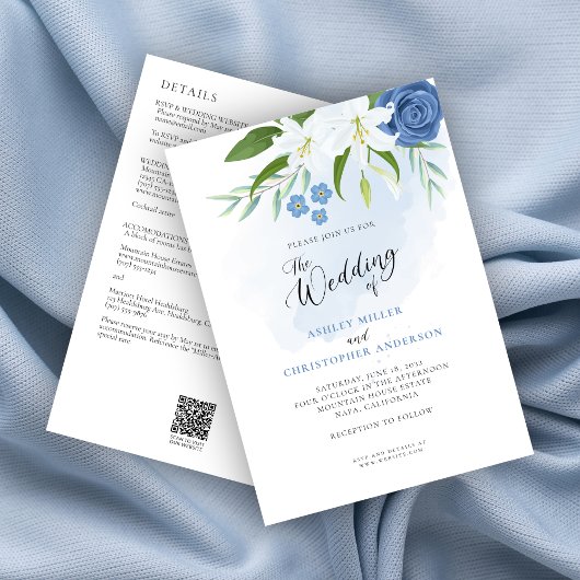 Invitation Elégant Mariage tout-en-un bleu floral