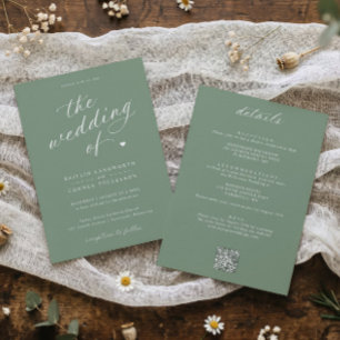 Invitation Élégant Mariage Tout en Un Écriture Vert Sauge