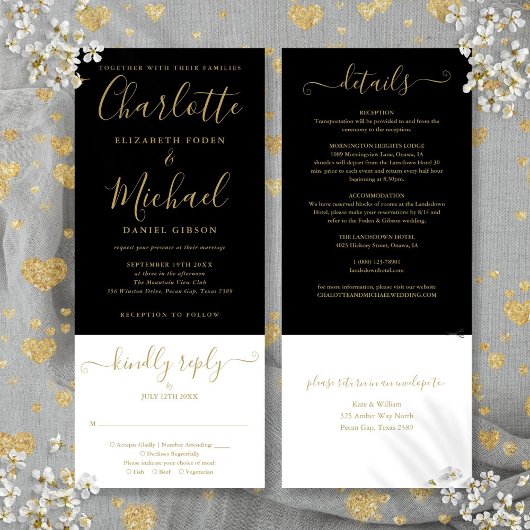 Invitation Élégant Mariage Tout En Un Noir Et Or Script