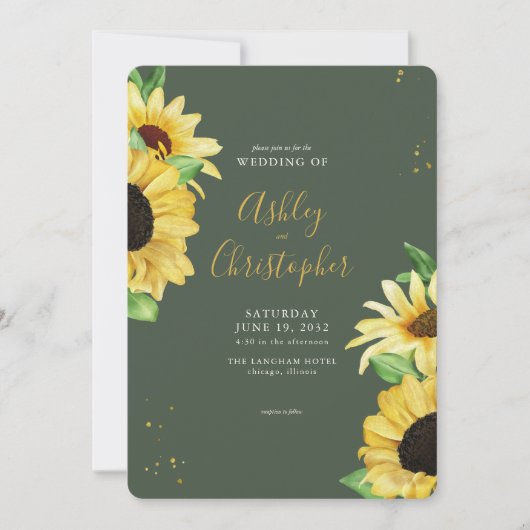 Invitation Élégant Mariage tout-en-un vert tournesol rustique (Devant)