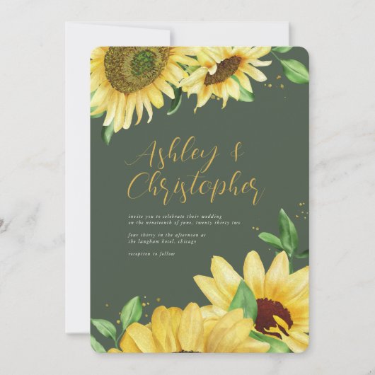Invitation Élégant Mariage tout-en-un vert tournesol rustique (Devant)