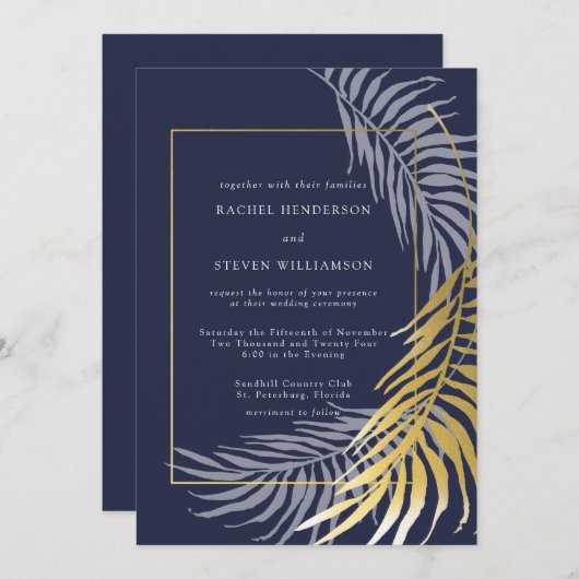 Invitation Élégant Mariage tropical bleu foncé et blanc (Devant / Derrière)
