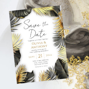 Invitation Élégant Mariage tropical noir et or